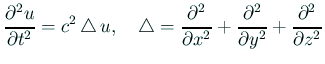 $\displaystyle \frac{\rd^2 u}{\rd t^2}=c^2\Laplacian u,\quad
\Laplacian=\frac{\rd^2}{\rd x^2}+\frac{\rd^2}{\rd y^2}+\frac{\rd^2}{\rd z^2}
$