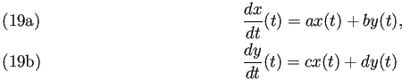 \begin{subequations}% 2021-05-5 23:22の式群
\begin{align}&\frac{\D x}{\D t}(t)=ax(t)+by(t), &\frac{\D y}{\D t}(t)=cx(t)+dy(t)\end{align}\end{subequations}