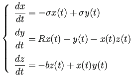 $\displaystyle \left\{ \begin{array}{ll} \dfrac{\D x}{\D t}=-\sigma x(t)+\sigma ...
...t)-y(t)-x(t)z(t) [1em] \dfrac{\D z}{\D t}=-bz(t)+x(t)y(t) \end{array} \right.$