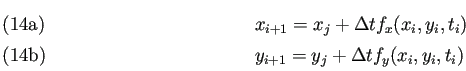 \begin{subequations}% 2021-05-6 01:14の式群
\begin{align}&x_{i+1}=x_{j}+\Delt...
..._i,t_i) &y_{i+1}=y_{j}+\Delta t f_y(x_i,y_i,t_i) \end{align}\end{subequations}