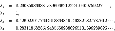 \begin{eqnarray*}
\lambda_1 &=& 8.290859369381589606621222410409759227\cdots, \...
...\
\lambda_4 &=& 0.28311858285794855689386265131696289625\cdots,
\end{eqnarray*}